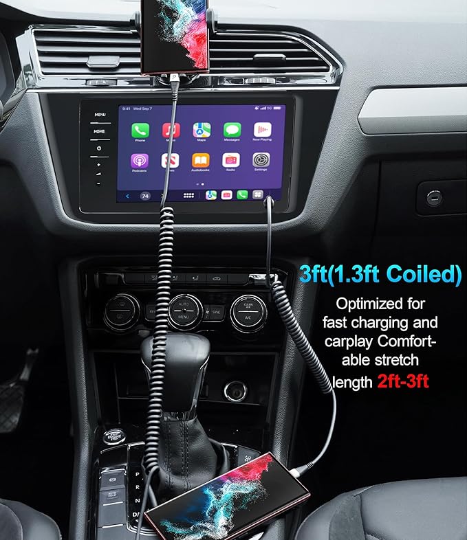 USB C to C Charger Cable [2-Pack 3FT], Coiled USB-C Cable for Car, Type C Fast Charging USBC to USBC Cable for iPhone 17/16/15/15 Pro/15 Plus/15 Pro Max/Samsung Galaxy S23 More USB C Devices