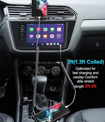 Coiled USBC to USBC Cables for Car 3FT/5FT, USB C to USB C Fast Charging Cables Short Type C Cord for iPhone 17/16/15/Pro/Plus/Pro Max/Samsung Galaxy S23, Compatible All Type C Devices-Silver 2Pack