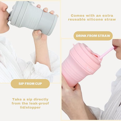 HANARA Collapsible Cup with Reusable Straw – 18 Oz (550 Ml), Portable Travel Mug, BPA-Free, Leak-Proof, Microwave & Dishwasher Safe, Multi-Purpose for Hot & Cold Drinks – Beige