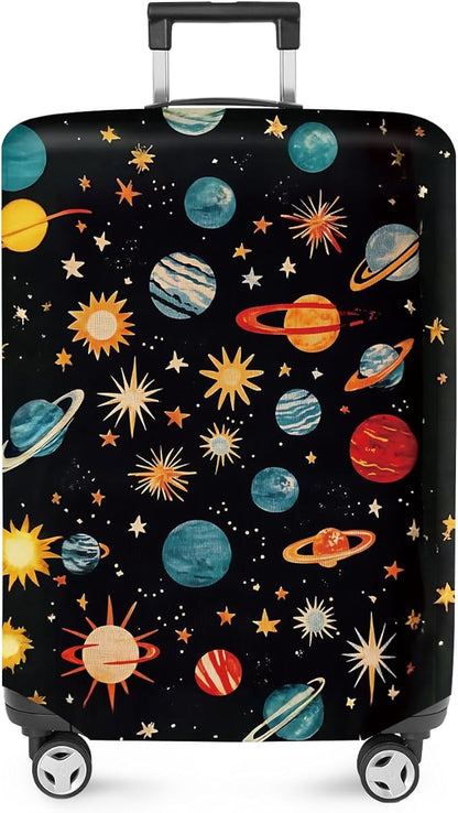 ANNA QUEEN Space Exploration Luggage Cover, Colorful Planets & Stars Design, Stretchable, Washable Travel Protector for 20-34 Inch Suitcases