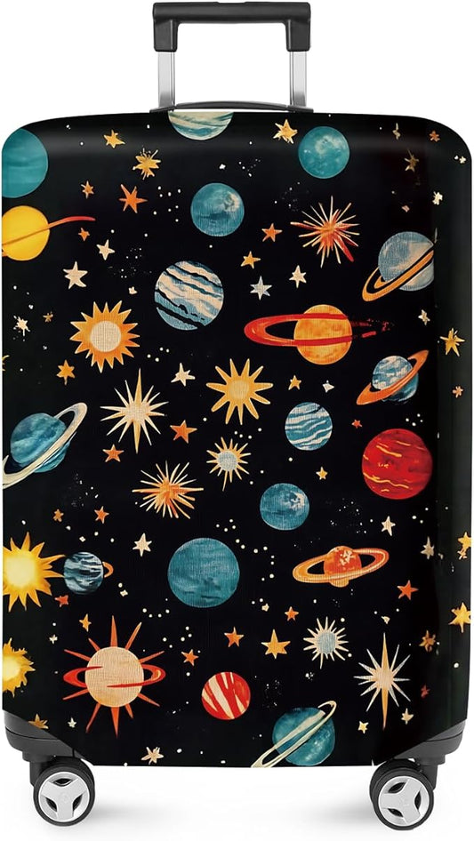 ANNA QUEEN Space Exploration Luggage Cover, Colorful Planets & Stars Design, Stretchable, Washable Travel Protector for 20-34 Inch Suitcases