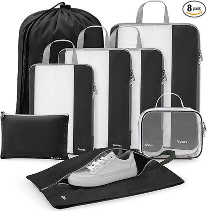 Gonex Expandable Mesh Packing Cubes - 8 Set Compression Organizer for Travel Essentials with Toiletry, Laundry, Shoe & Cable Bags - Black