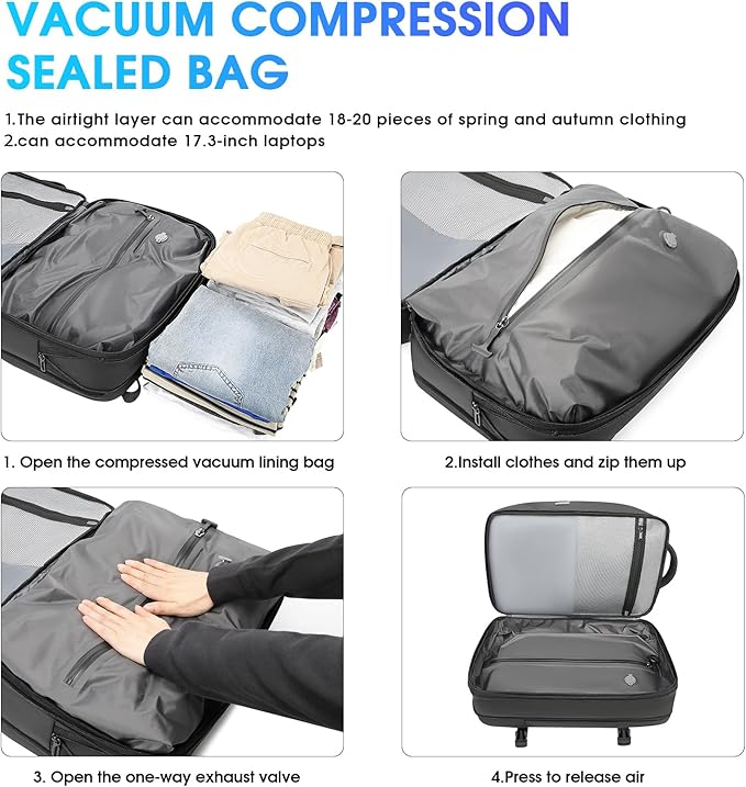 Vacuum Backpack for Men, 50L Expandable Travel Backpack With Vacuum Seal System, Water Resistant 17.3 Inches Laptop Backpack with USB Charging Port-Not Vaccum Pump Included