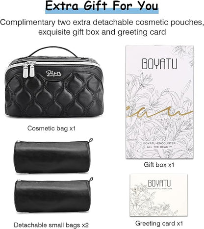 BOYATU Travel Makeup Bags for Women Cosmetic Bag: Puffy Make up Bags Set of 3 - Vegan Leather Makeup Organizer - Waterproof Large Toiletry Bag with Compartments - Travel Essentials (H-1-Black)