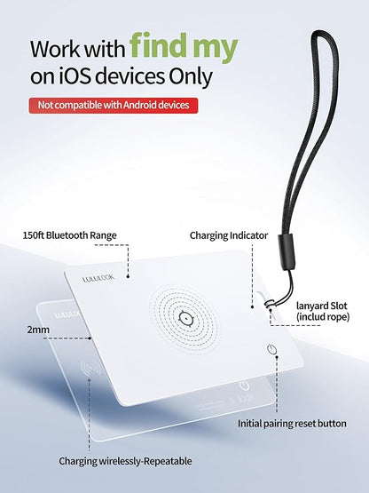 LULULOOK Wallet Tracker Card (iOS Only), Ultra Slim Airtag Wallet Works with Apple Find My, Wireless Rechargeable GPS Smartcard Tracker for Luggage, Tags, Passport, Purse, IP68 Waterproof, 1 Pack