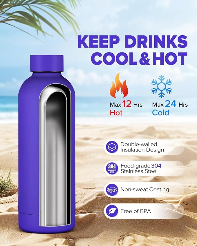 Insulated Water Bottle with Lid, 17 oz Reusable Leak-Proof Metal Stainless Steel Water Bottles for Travel, Sports, Gym, Outdoor (Dark Blue)