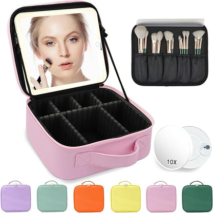 Travel Makeup Bag,with Mirror 3 Color Setting and Detachable 10x Magnifying Mirror Travel Makeup Bag,Portable Storage and Adjustable Dividers（Light Pink）
