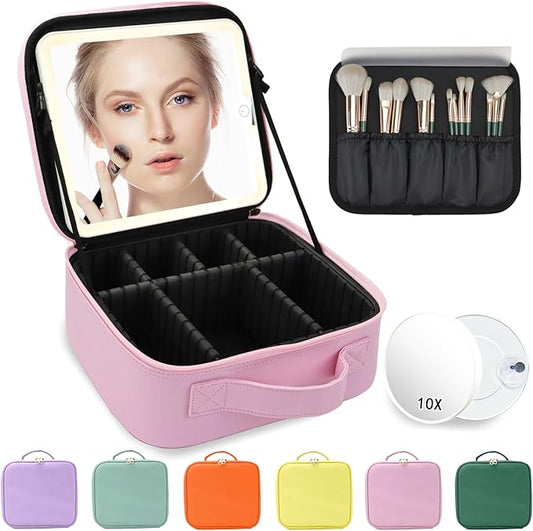 Travel Makeup Bag,with Mirror 3 Color Setting and Detachable 10x Magnifying Mirror Travel Makeup Bag,Portable Storage and Adjustable Dividers（Light Pink）