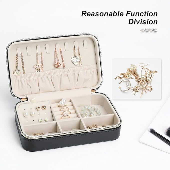 Women's Compact Jewelry Organizer PU Leather Travel Case with Secure Zipper and Soft Interior Perfect for Gifts or Personal Use Black