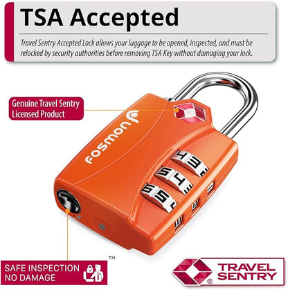 Fosmon TSA Accepted Luggage Locks (Orange - 4 Packs), Open Alert Indicator 3 Digit Combination Padlock Codes for Travel Bag, Suit Case, Lockers