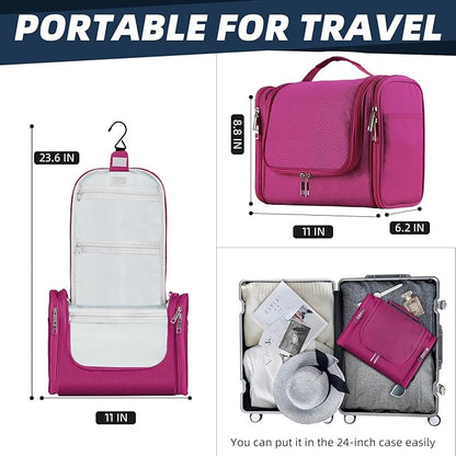 Buruis Large Capacity Waterproof Toiletry Bag for Women, Hanging Toiletry Organizer, 11"x 6.2"x 8.8", Fushcia
