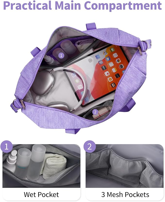 Narwey Women's Overnight Travel Duffel Bag - Spirit Airlines Personal Item, 18x14x8 Inches, Underseat with Wet Pocket, Purple