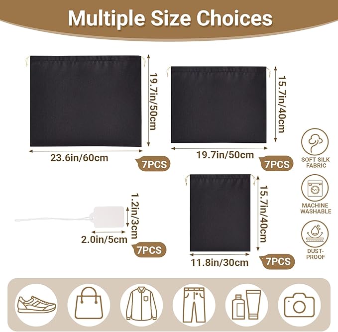 Ewen 7Pcs Dust Bags for Handbags, Silk Cloth Bag with Drawstring, 2Pack 11.8x15.7in Storage for Shoes, 2Pcs 19.6x15.7in Dust Bag, Pack of 3 23.6x19.6in Bags for Purse, Black Satin Travel Storage Pouch