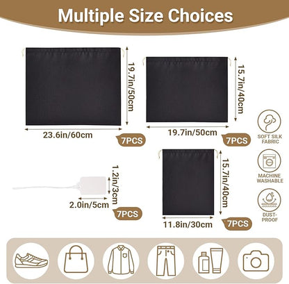 Ewen 7Pcs Dust Bags for Handbags, Silk Cloth Bag with Drawstring, 2Pack 11.8x15.7in Storage for Shoes, 2Pcs 19.6x15.7in Dust Bag, Pack of 3 23.6x19.6in Bags for Purse, Black Satin Travel Storage Pouch