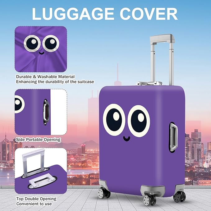 ANNA QUEEN Cute Smiley Face Luggage Cover, Purple Cartoon Suitcase Protector with Big Eyes Design, Stretchable, Washable Travel Cover for 24-26 Inch Luggage