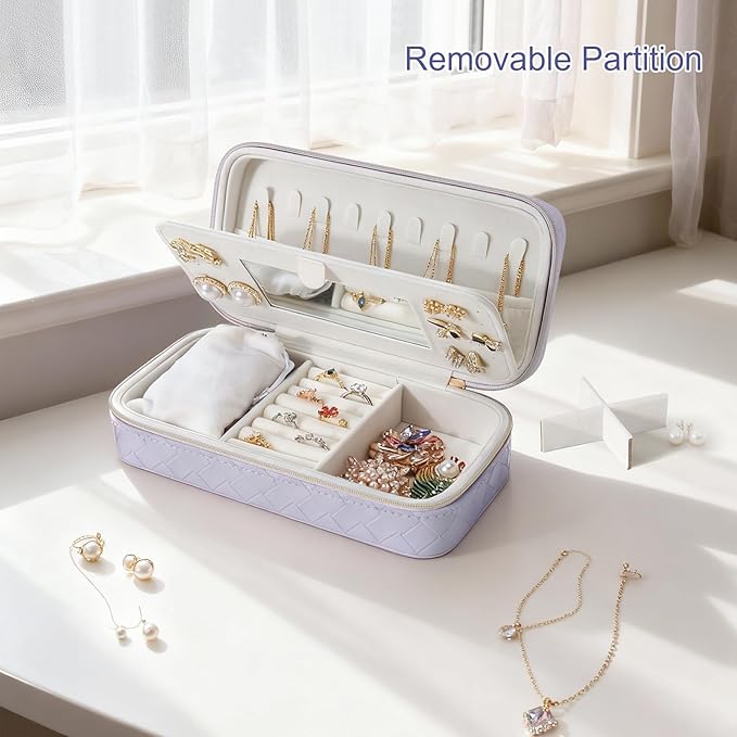 DesignSter Jewelry Organizer, Small Portable Travel Jewelry Storage for Women, Woven Embossed PU Jewelry Case with Mirror for Ring Earring Necklace Bracelet