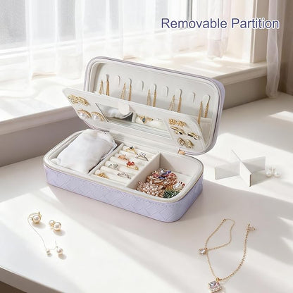 DesignSter Jewelry Organizer, Small Portable Travel Jewelry Storage for Women, Woven Embossed PU Jewelry Case with Mirror for Ring Earring Necklace Bracelet