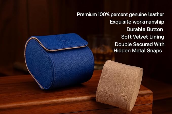 Genuine Napa Leather Watch Roll Travel Case for 3 Watches - Travel Watch Rolls and Leather Watch Display Cases with Velvet Interior - Watch Storage Organizer Men's (Blue - Single)