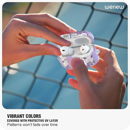 WENEW for AirPods Pro 3 Case (2025) Cover Secure Lock Automatic Snap Switch Clip Cleaner Kit Lanyard Women Stylish Flower Hard Shell Full Body Front LED Visible (Purple Flower, AirPods Pro 3)