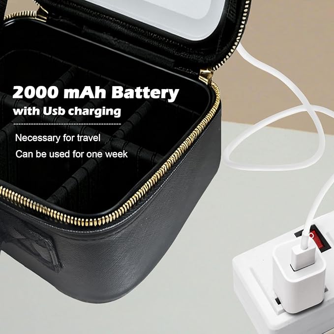 Travel Makeup Bag with Light Up Mirror, Portable Makeup Bag with Led Light Women Waterproof Makeup Travel Case adjustable dividers Rechargeable Vanity Mirror with 3 Color Lights (NO Shoulder Strap)