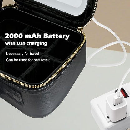 Travel Makeup Bag with Light Up Mirror, Portable Makeup Bag with Led Light Women Waterproof Makeup Travel Case adjustable dividers Rechargeable Vanity Mirror with 3 Color Lights (NO Shoulder Strap)