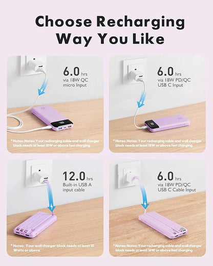 charmast 20000mAh Portable Charger with Built in Cables, 22.5W Travel Power Bank Fast Charging, USB C Cell Phone Battery Pack for iPhone 16/15/14/13/12/11 Series, iPad, Samsung, Android, Tablet