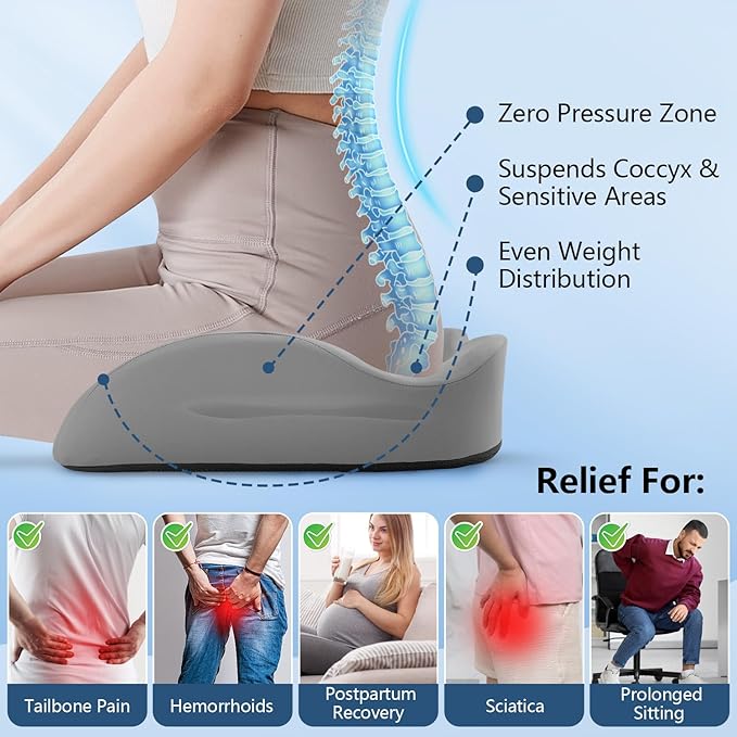 Donut Pillow with Lengthened Center Hole Suspends Tailbone & Sensitive Area, Relieves Pressure for Hemorrhoid and Coccyx Pain, Ergonomic Office & Car Seat Cushion for Prolonged Sitting