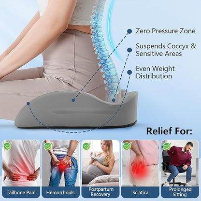 Donut Pillow with Lengthened Center Hole Suspends Tailbone & Sensitive Area, Relieves Pressure for Hemorrhoid and Coccyx Pain, Ergonomic Office & Car Seat Cushion for Prolonged Sitting