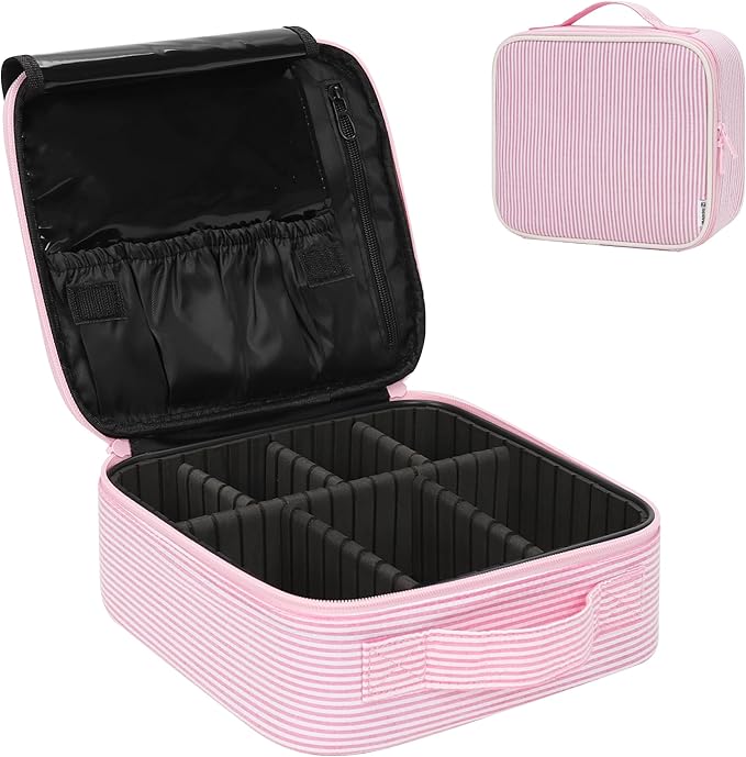 Relavel Travel Makeup Train Case, Portable Cosmetic Case Makeup Organizer, Professional Artist Storage Bag with Adjustable Dividers for Cosmetics Brushes, Birthday Gifts for Girls, Pink Stripe