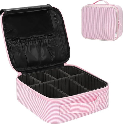 Relavel Travel Makeup Train Case, Portable Cosmetic Case Makeup Organizer, Professional Artist Storage Bag with Adjustable Dividers for Cosmetics Brushes, Birthday Gifts for Girls, Pink Stripe