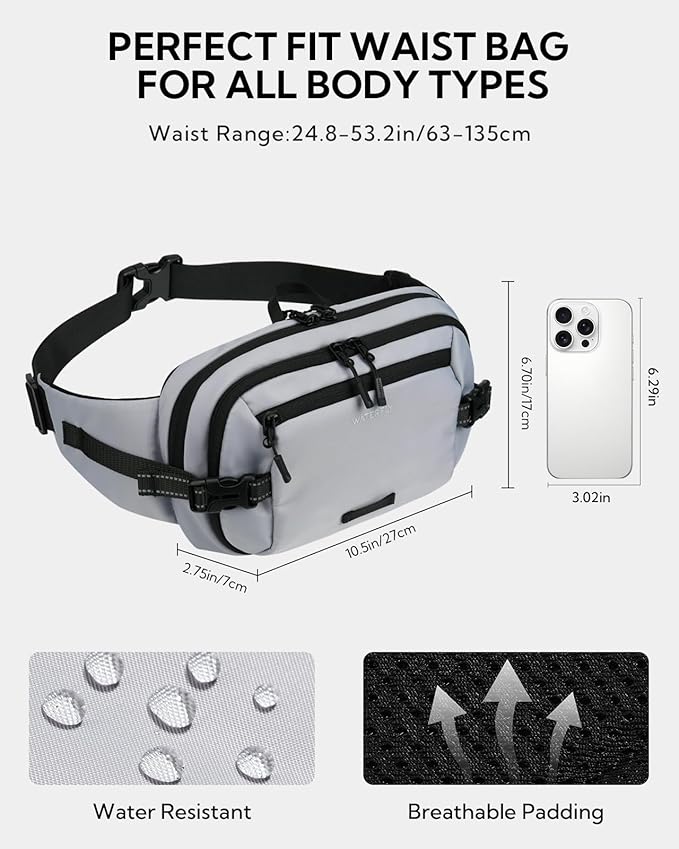WATERFLY 3L Large Fanny Pack, 180° Opening Hip Pouch with Multi-Pockets, Anti-Theft RFID Blocking Waist Bag for Women Men Traveling Hiking Daily Use-Grey
