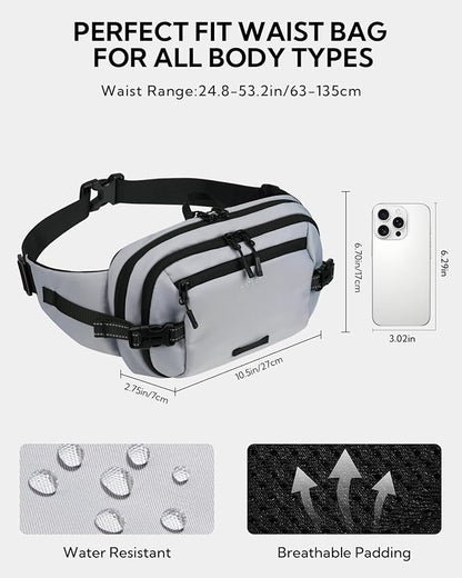 WATERFLY 3L Large Fanny Pack, 180° Opening Hip Pouch with Multi-Pockets, Anti-Theft RFID Blocking Waist Bag for Women Men Traveling Hiking Daily Use-Grey