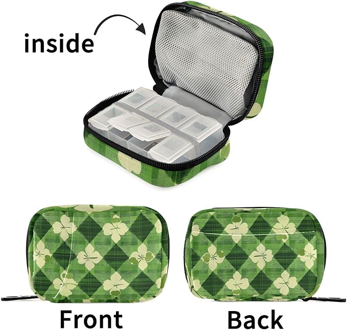 Green Plaid Clovers St. Patrick Cute Pill Organizer Weekly Travel Pill Box 7 Day Large Capacity Pill Dispenser Case with 8 Pill Container Daily Pill Box Organizer Vitamin Holder Pill Bot