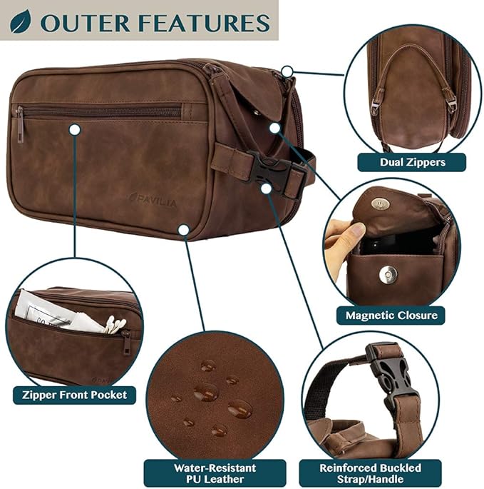 PAVILIA Toiletry Bag for Men, Travel Essentials Shaving Dopp Kit, Mens Travel Bag Toiletries Organizer Case for Grooming, PU Leather Water Resistant Cosmetic Bag Pouch (Dark Brown)