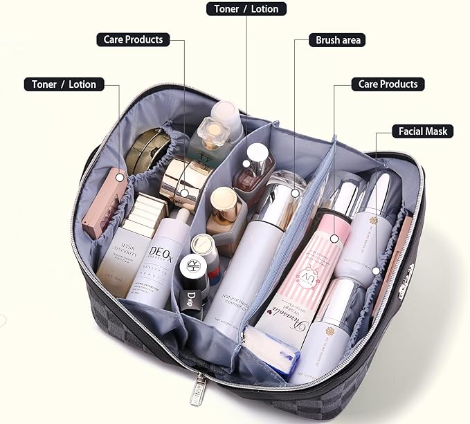 BOYATU Travel Makeup Bag for Women: Large Cosmetic Bag Set of 3 - PU Leather Make up Bag with Compartments - Compact Waterproof Toiletry Bag with Divider & Handle (D-2-Black)