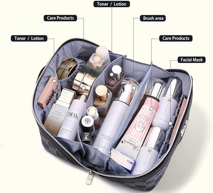 BOYATU Travel Makeup Bag for Women: Large Cosmetic Bag Set of 3 - PU Leather Make up Bag with Compartments - Compact Waterproof Toiletry Bag with Divider & Handle (D-2-Black)