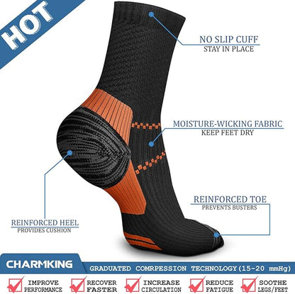 CHARMKING 6 Pairs Crew Compression Socks for Women & Men Circulation 15-20 mmHg is Best for All Day Wear Running Nurse