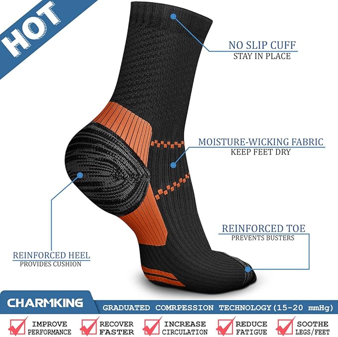 CHARMKING 6 Pairs Crew Compression Socks for Women & Men Circulation 15-20 mmHg is Best for All Day Wear Running Nurse