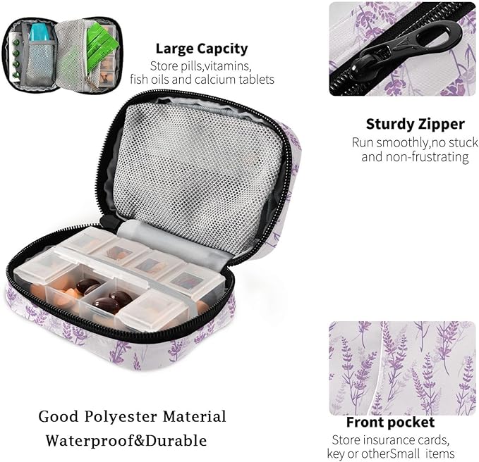 Fustylead Travel Pill Organizer Case Zipper for Purse with Removable Weekly Pill Box for Medicine, Vitamin, Supplement Medicine Organizer (Lavender)