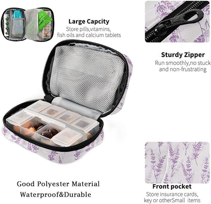 Fustylead Travel Pill Organizer Case Zipper for Purse with Removable Weekly Pill Box for Medicine, Vitamin, Supplement Medicine Organizer (Lavender)