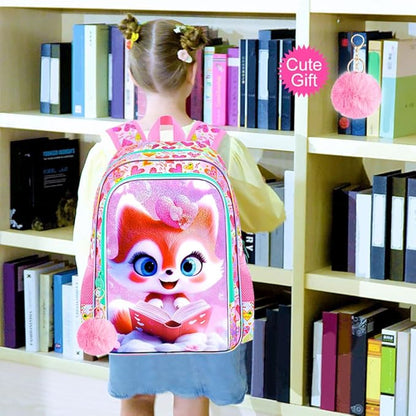 WZLVO 3PCS Girls Fox Backpack Set, 16" Glittery UV Printing Kids Bookbag/School Bag with Lunch Box & Pencil Bag for Preschool to Elementary - Reading Fox Pink