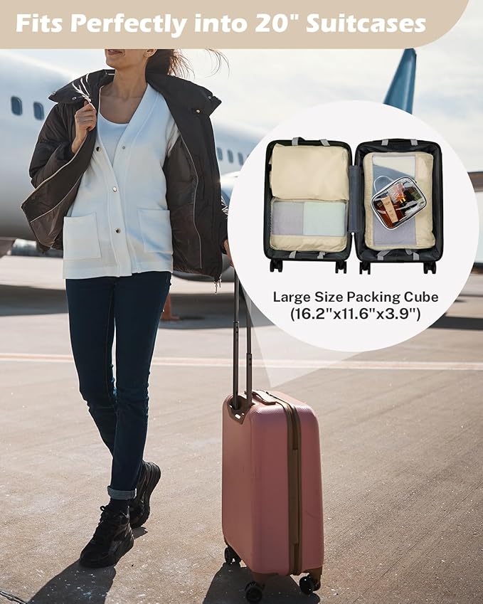 Gonex 8 Set Expandable Mesh Packing Cubes for Travel Essentials, Compression Organizer with Toiletry, Laundry, Shoe, Cable Bags - Beige