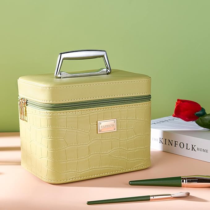 Portable leather hard cosmetic case with mirror, Green cosmetic box organizer,Professional train case make up box for women adults.
