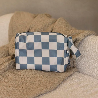 Tiny Twinkle Waterproof Travel Toiletry & Makeup Bag Organizer | Large Capacity Cosmetic Case with Compartments & Handle, A Thoughtful Travel Companion for Women（Blue Checkers