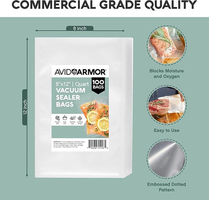 Avid Armor Vacuum Sealer Bags Quart 8x12 Inch 100 Pack for Food Saver, Seal a Meal Vacuum Seal Machines, Commercial Grade Heavy Duty BPA Free for Sous Vide and Meal Prep Precut Storage Bag