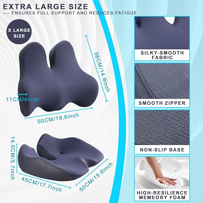 Large Seat Cushion & Lumbar Support Pillow Set for Car & Office Chair,Memory Foam Ergonomic Desk for Tailbone & Sciatica & Hip Pain Relief,Back Support-Black