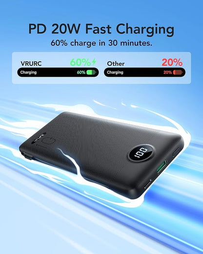 VRURC Portable Charger with Wall Plug, 10000mAh Slim Portable Charger Built in Cables,PD 20W Fast Charging Power Bank with Cords,USB C Portable Phone Charger Travel Accessories -Black(1 Pack)