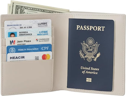 WANDERINGS Leather Travel Wallet with Passport Holder - 5.5" x 4" - Genuine Leather Case with RFID Blocking for Men and Women - Folding Wallet for Passports - Oat Color