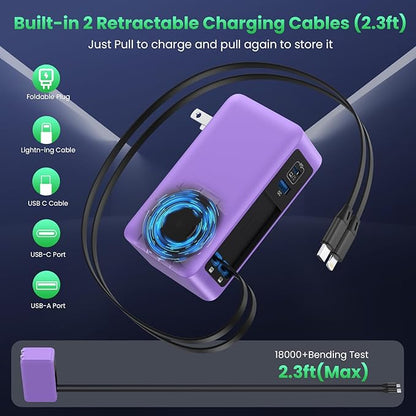 120W USB C Charger Block with 2 Built-in Retractable Cables,4-in-1 GaN IV Foldable Plug Wall Charger Fast Charging Station,PD 65W Laptop Adapter for MacBook/iPad,iPhone 17/16/15,Galaxy,Android-Purple