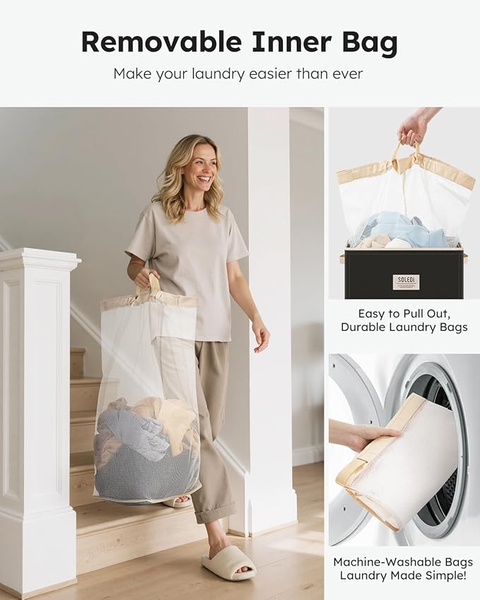 SOLEDI Laundry Hamper with Lid 100L Large & Tall Collapsible Laundry Basket, Clothes Hamper with Bag Removable Easy to Carry, Dirty Hampers for Bedroom, Bathroom, Dorm, College, Pitch Black